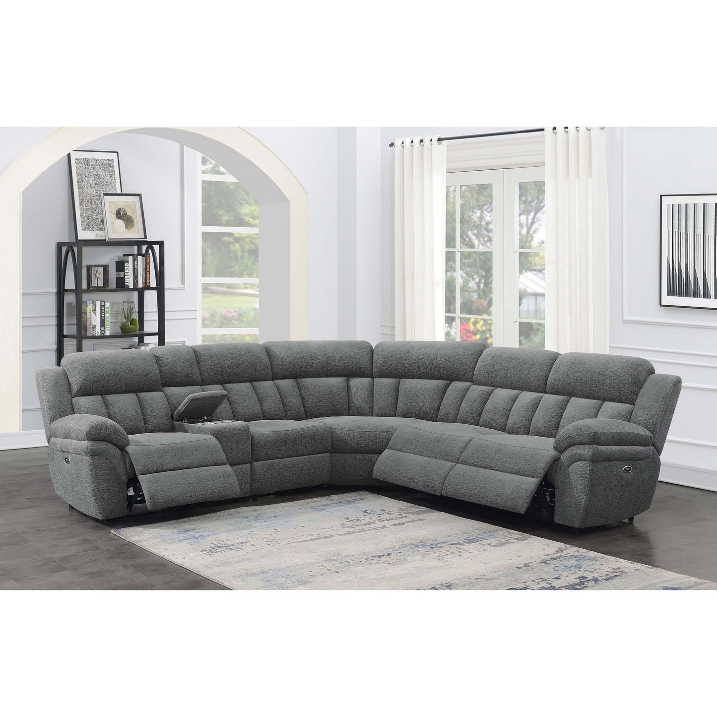 Divine 6-piece reclining sectional in gray fabric with plush tufted cushions for comfort on Tampa Home & Garden Store