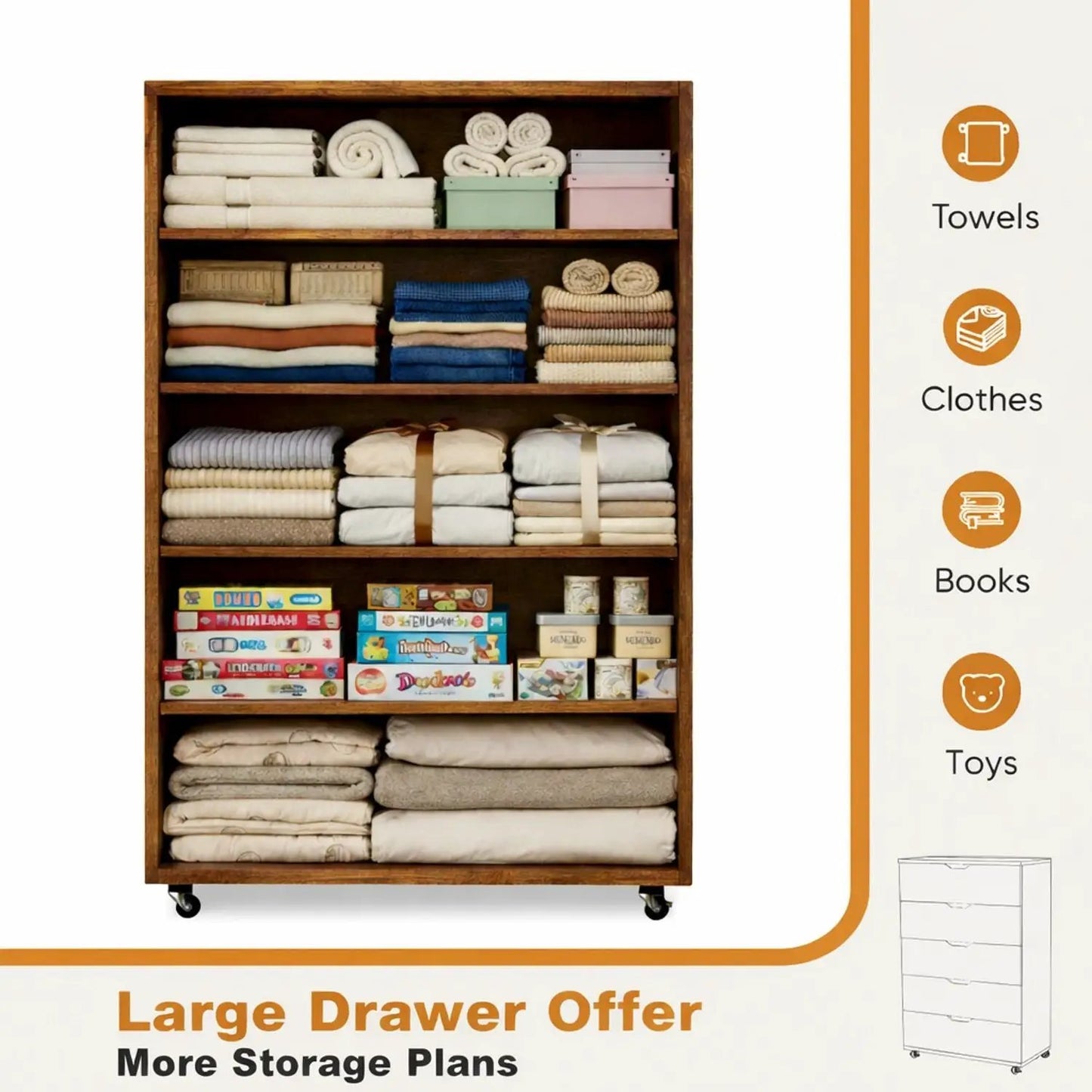Modern 5 Drawer Dresser With Wheels wooden accent chest storage with towels and linens on Tampa Home & Garden Store