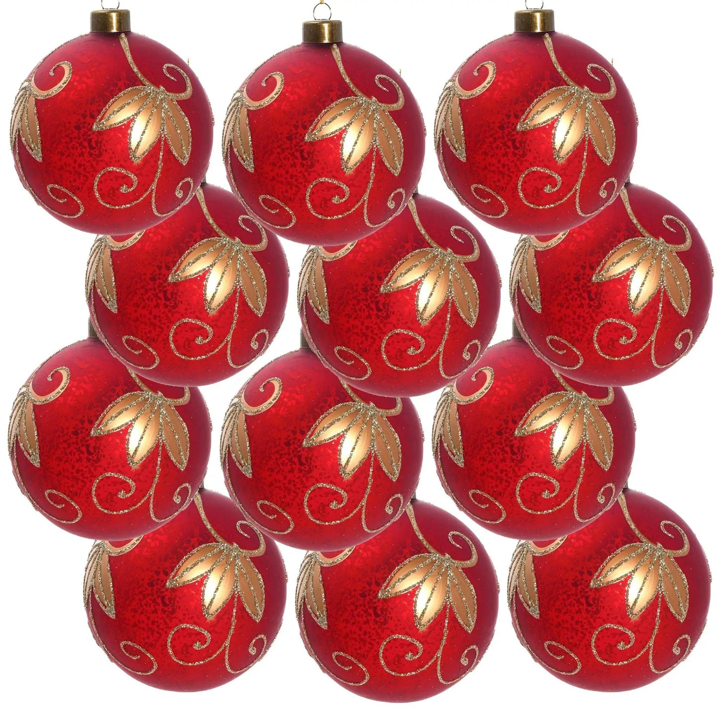 Set of 9 red Christmas ball ornaments with gold glitter leaf pattern for holiday tree decor on Tampa Home & Garden Store