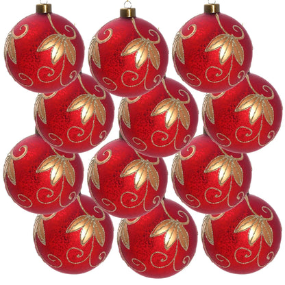 Set of 9 red Christmas ball ornaments with gold glitter leaf pattern for holiday tree decor on Tampa Home & Garden Store