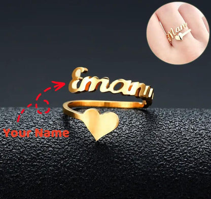 Customized name ring in gold-tone stainless steel with heart accent on Tampa Home & Garden Store