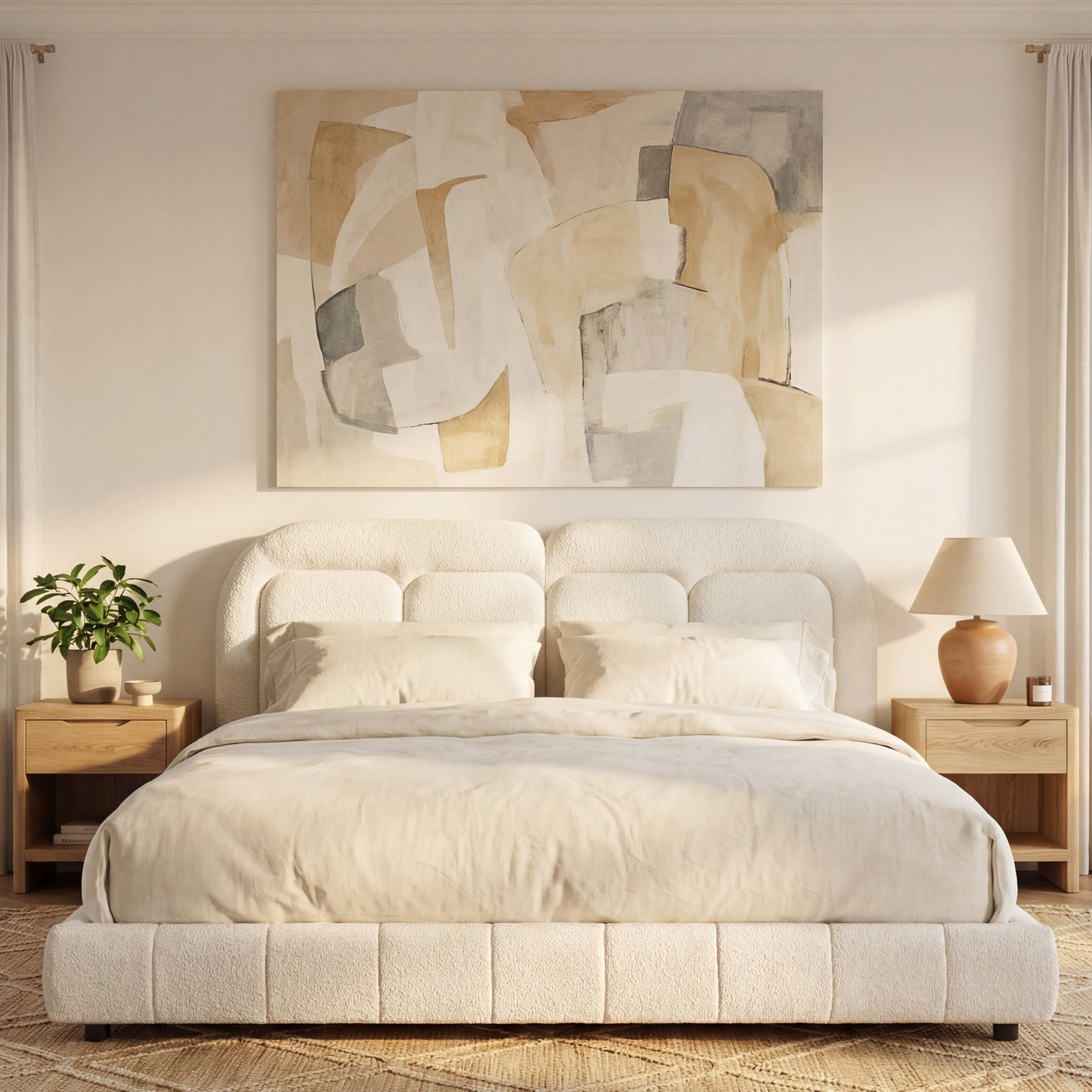 King size boucle upholstered platform bed with tufted headboard in cream beige, two nightstands on Tampa Home & Garden Store