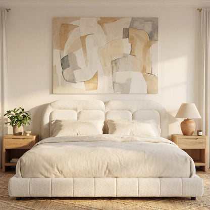King size boucle upholstered platform bed with tufted headboard in cream beige, two nightstands on Tampa Home & Garden Store