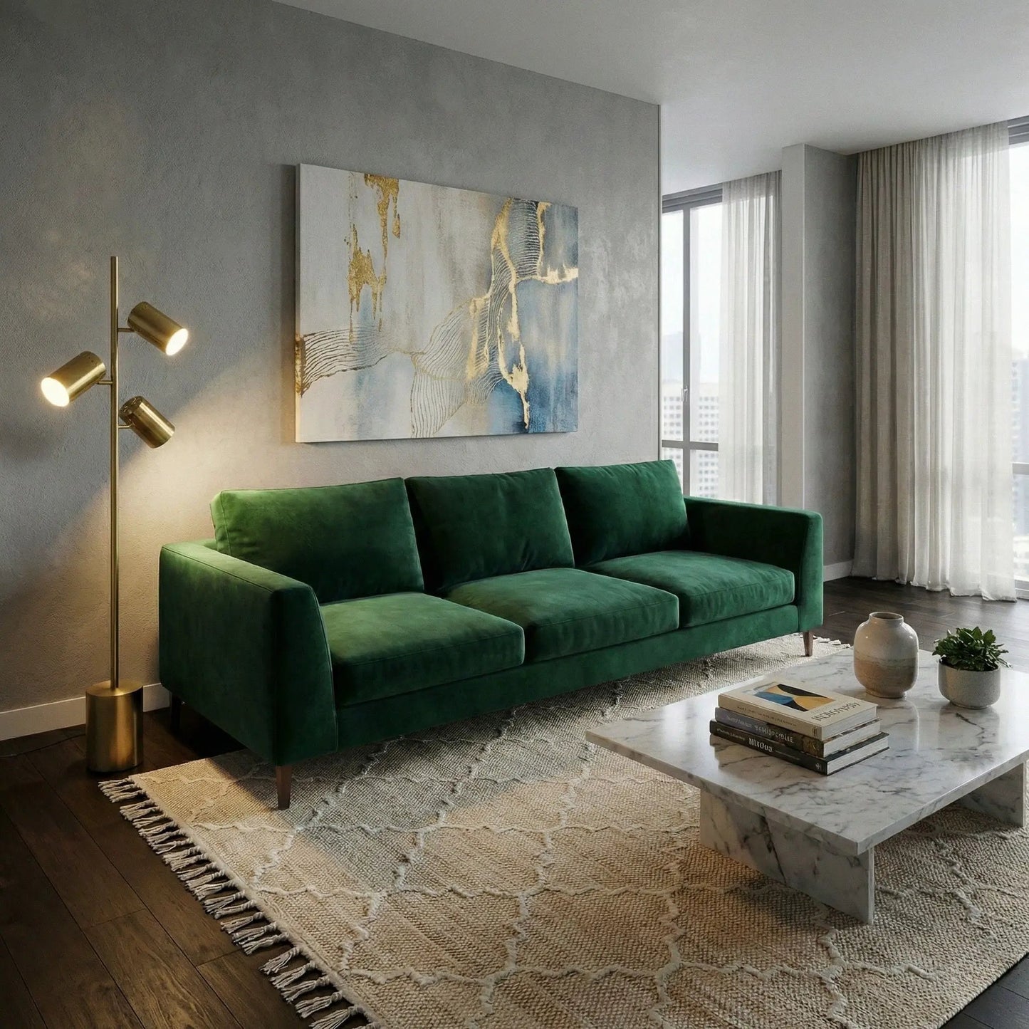 Harmony floor lamp with rotary switch, gold triple spotlight on block base beside green sofa on Tampa Home & Garden Store