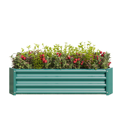 Metal raised garden bed rectangle planter 4x2x1 ft teal with leafy green plants and red berries on Tampa Home & Garden Store