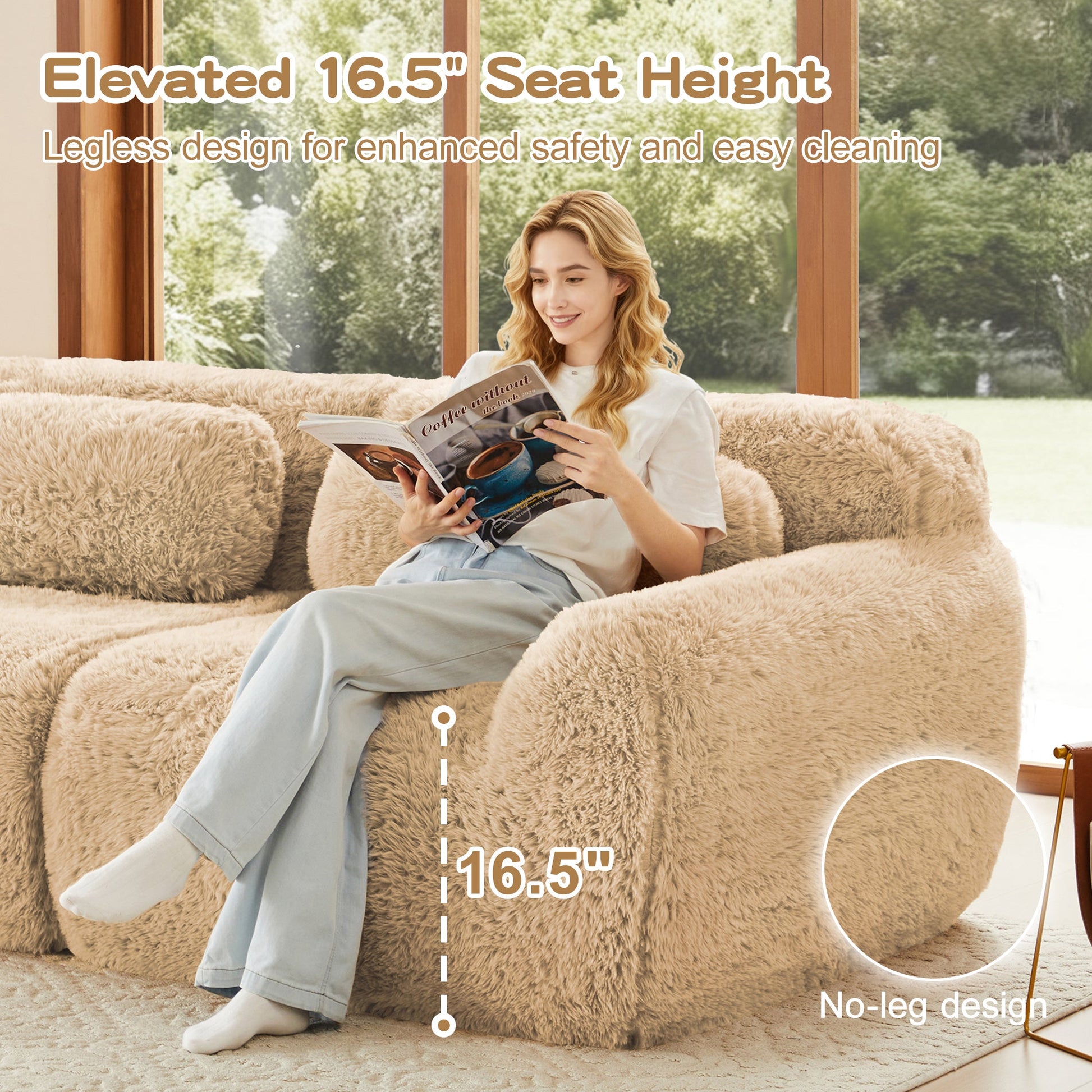 L-shaped plush modular sofa by HouseOfZazla, beige faux fur upholstery, no-leg design on Tampa Home & Garden Store