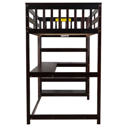 Loft bed with storage shelves and under-bed desk in dark wood by HouseOfZazla on Tampa Home & Garden Store