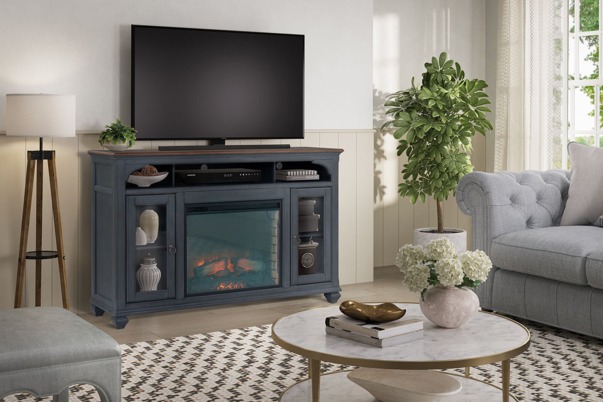 Blue fireplace TV stand for 80-inch TVs with built-in electric fireplace on Tampa Home & Garden Store
