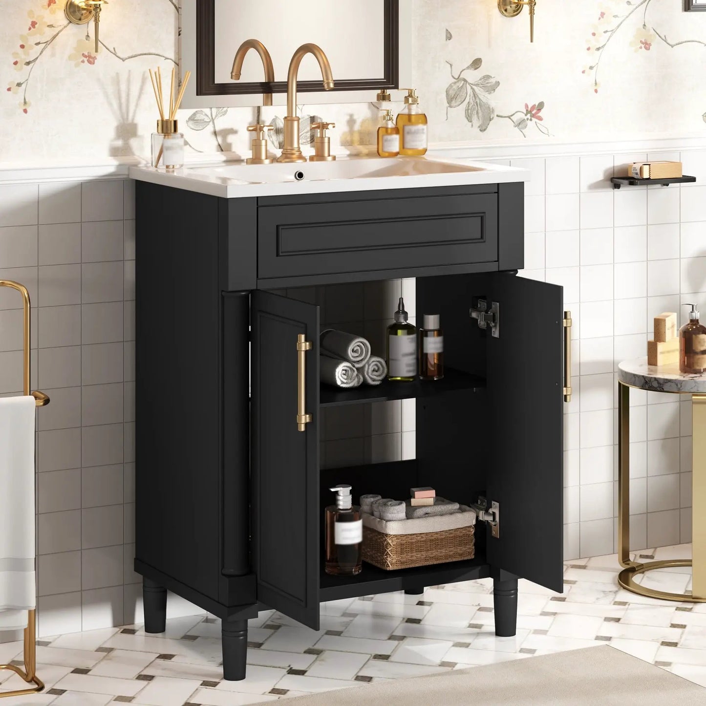 Bathroom vanity with integrated sink, black cabinet, brass hardware, 2 doors on Tampa Home & Garden Store