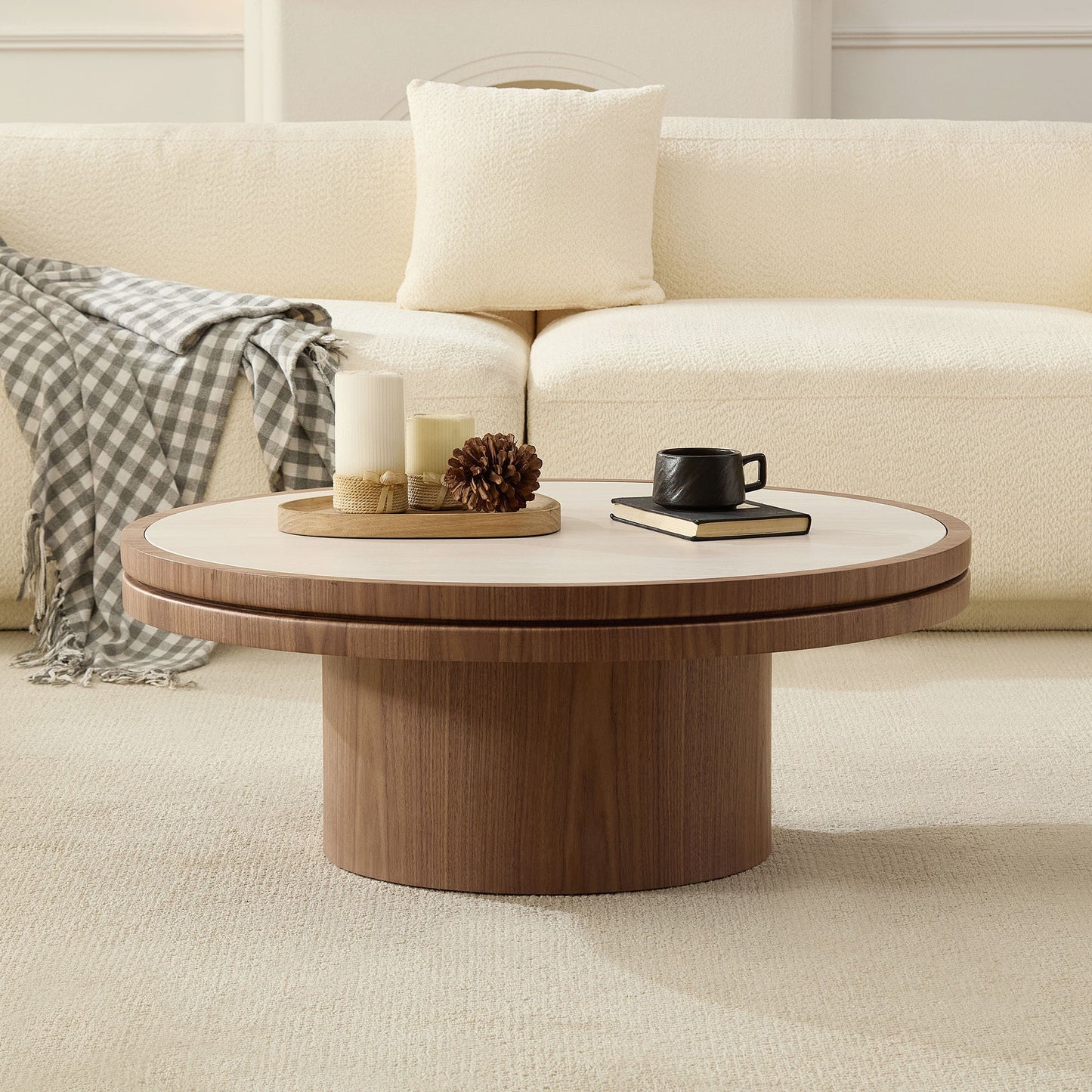 35.43 Inch Coffee Table with Sintered Stone Top Walnut, round two-tier base on Tampa Home & Garden Store