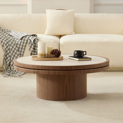 35.43 Inch Coffee Table with Sintered Stone Top Walnut, round two-tier base on Tampa Home & Garden Store