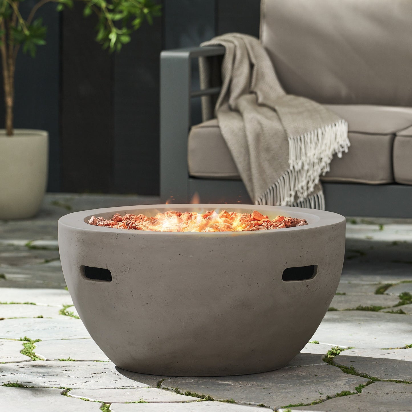 27in bowl-shaped MGO 40,000 BTU propane fire pit light grey by HouseOfZazla with lava rocks on Tampa Home & Garden Store