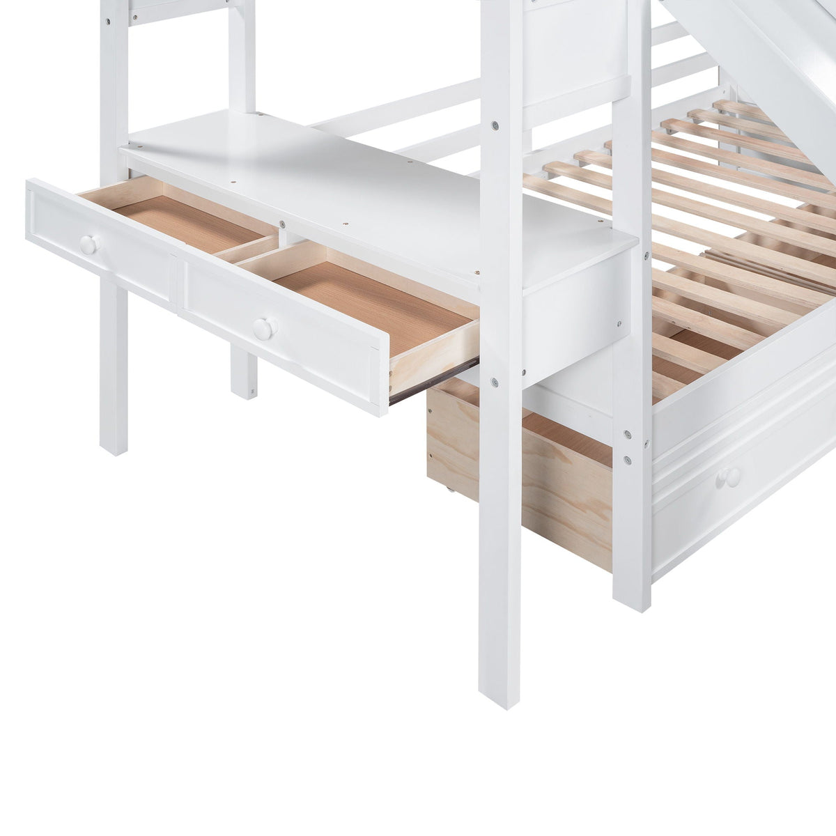 Bunk bed with storage drawers and built-in desk in white, visible drawer and slatted bed base on Tampa Home & Garden Store