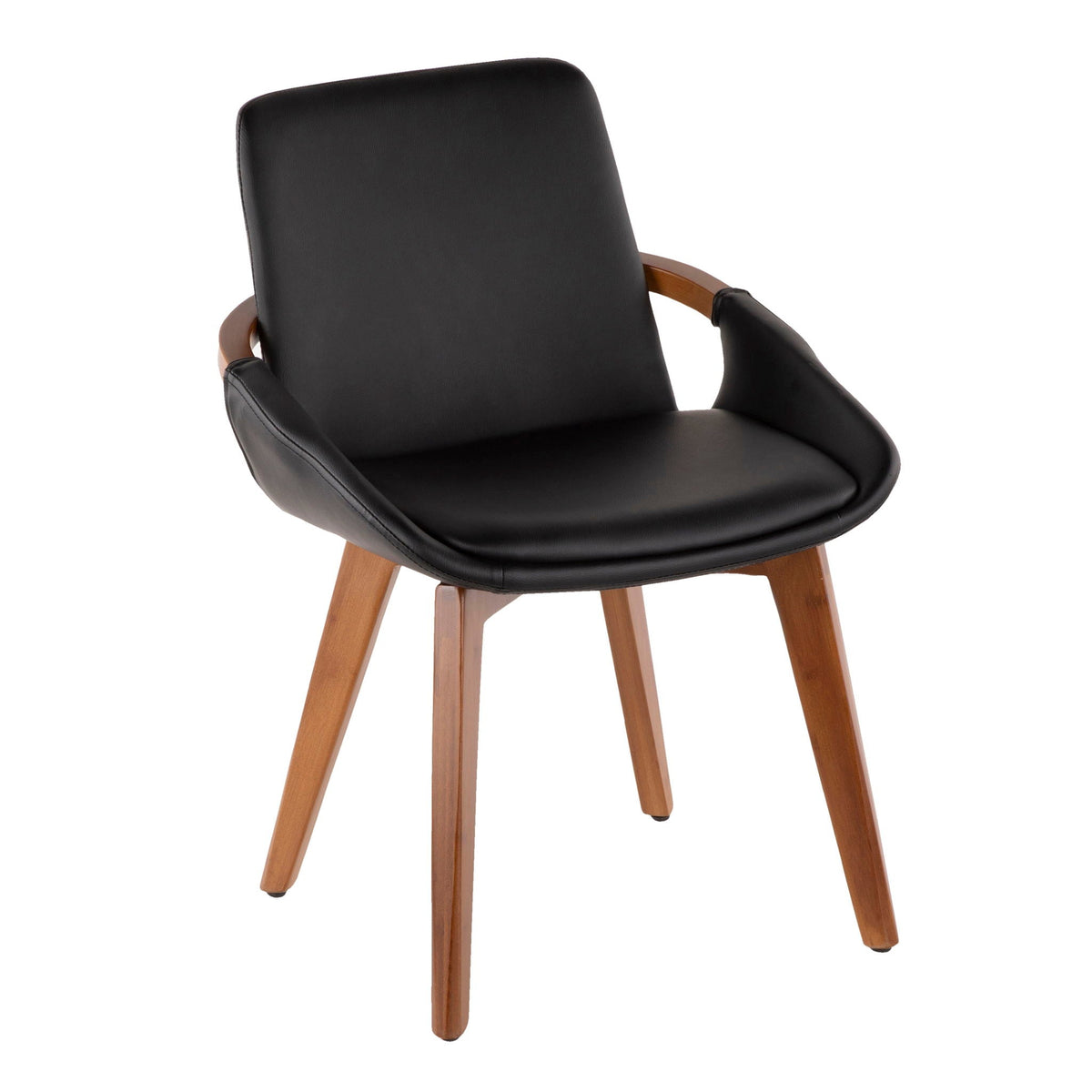 Mid Century Side Chair with Wood Armrests in black faux leather and natural wood legs on Tampa Home & Garden Store