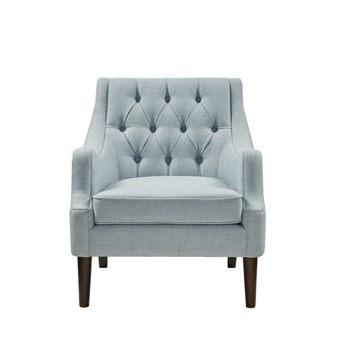 Button-tufted light blue accent armchair with removable cushion and dark wood legs on Tampa Home & Garden Store