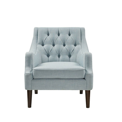 Button-tufted light blue accent armchair with removable cushion and dark wood legs on Tampa Home & Garden Store