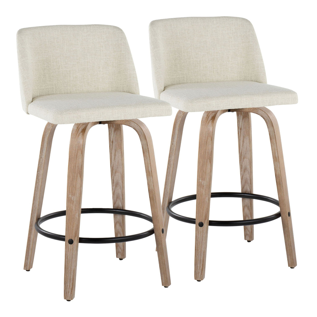 Counter stools set of 2 beige upholstered with light wood legs and black footrests on Tampa Home & Garden Store