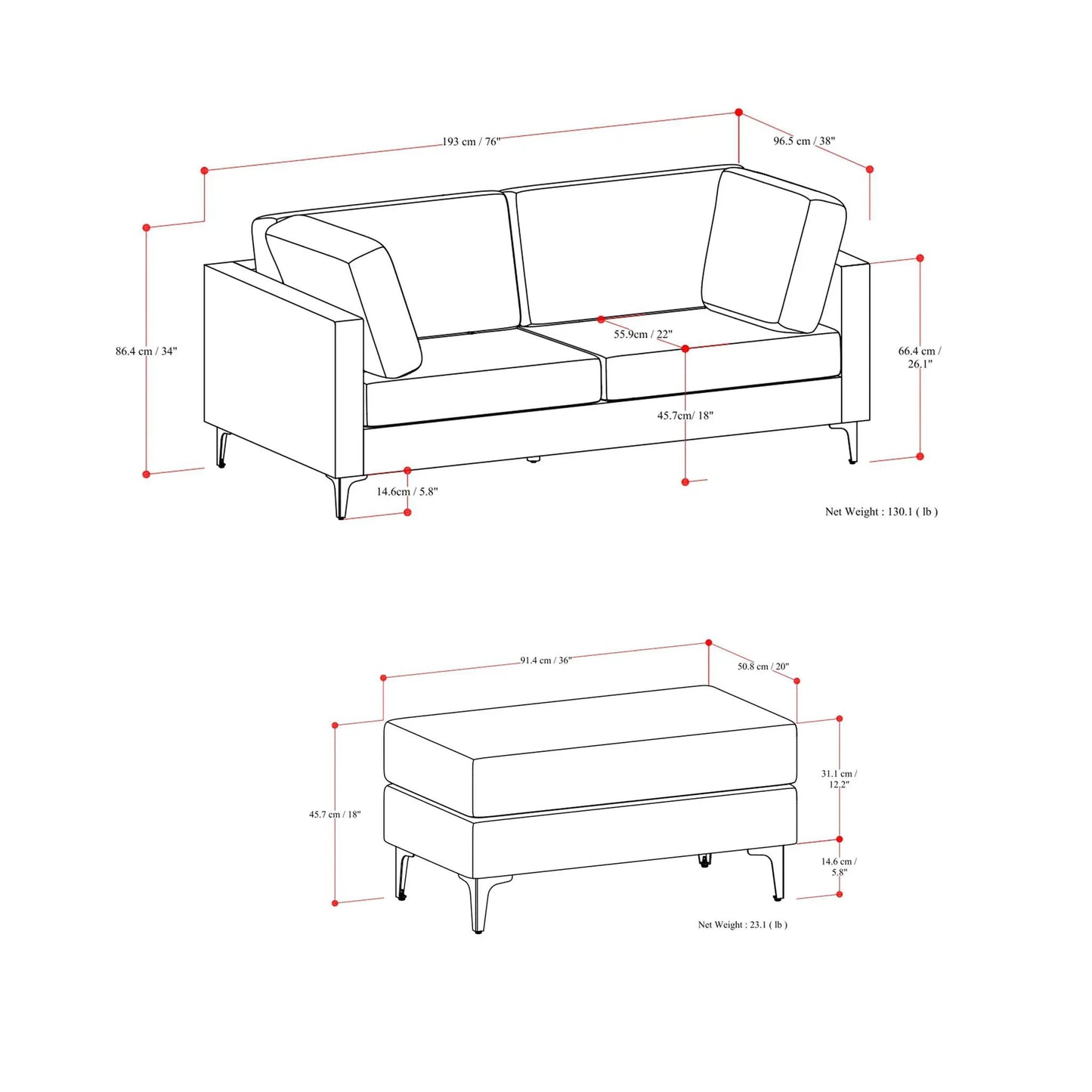 Ava Mid Century Sofa with Ottoman Set in Fabric