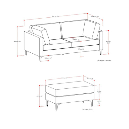 Ava Mid Century Sofa with Ottoman Set in Fabric