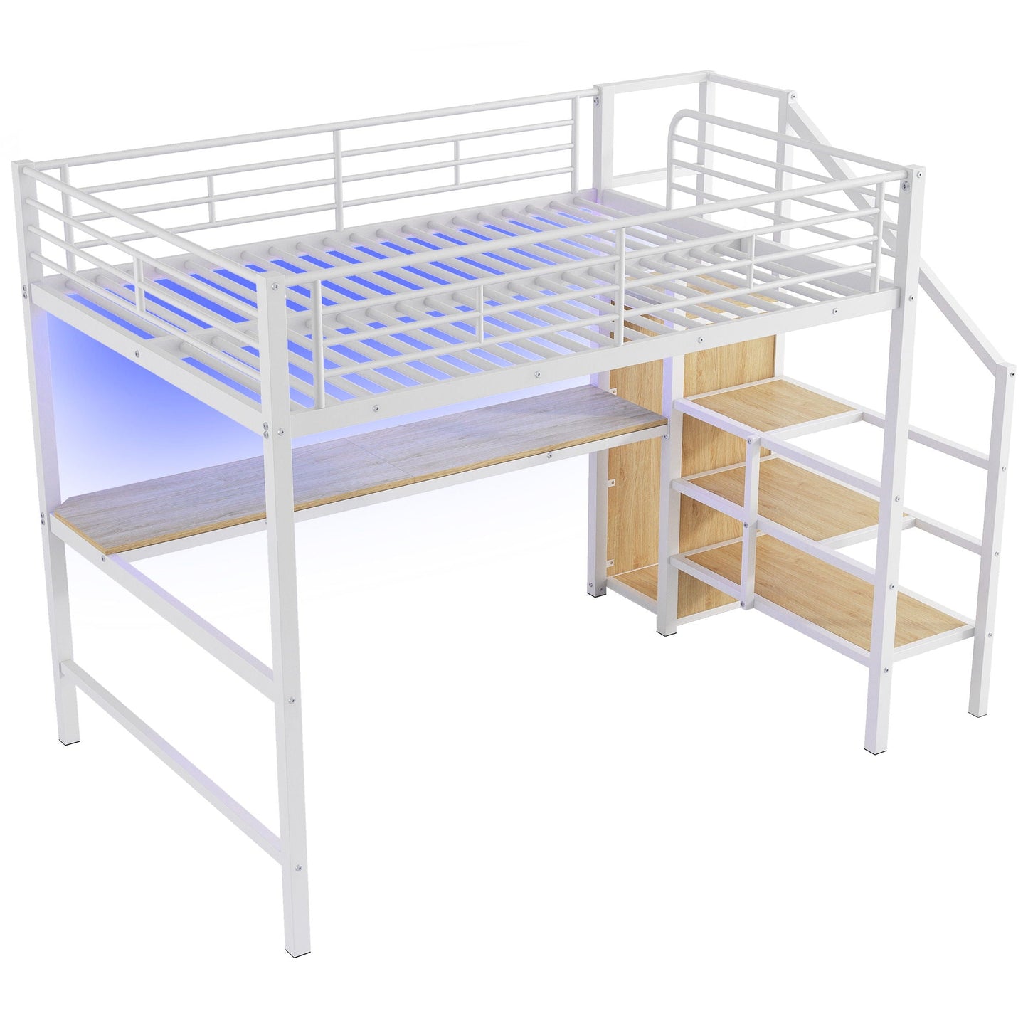 Loft bed with desk, storage staircase and wardrobe, metal frame, LED light HouseOfZazla on Tampa Home & Garden Store