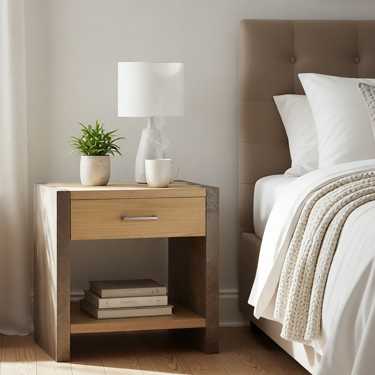 HouseOfZazla wood nightstand with natural finish and 2 drawers beside beige bed; lamp, plant on Tampa Home & Garden Store