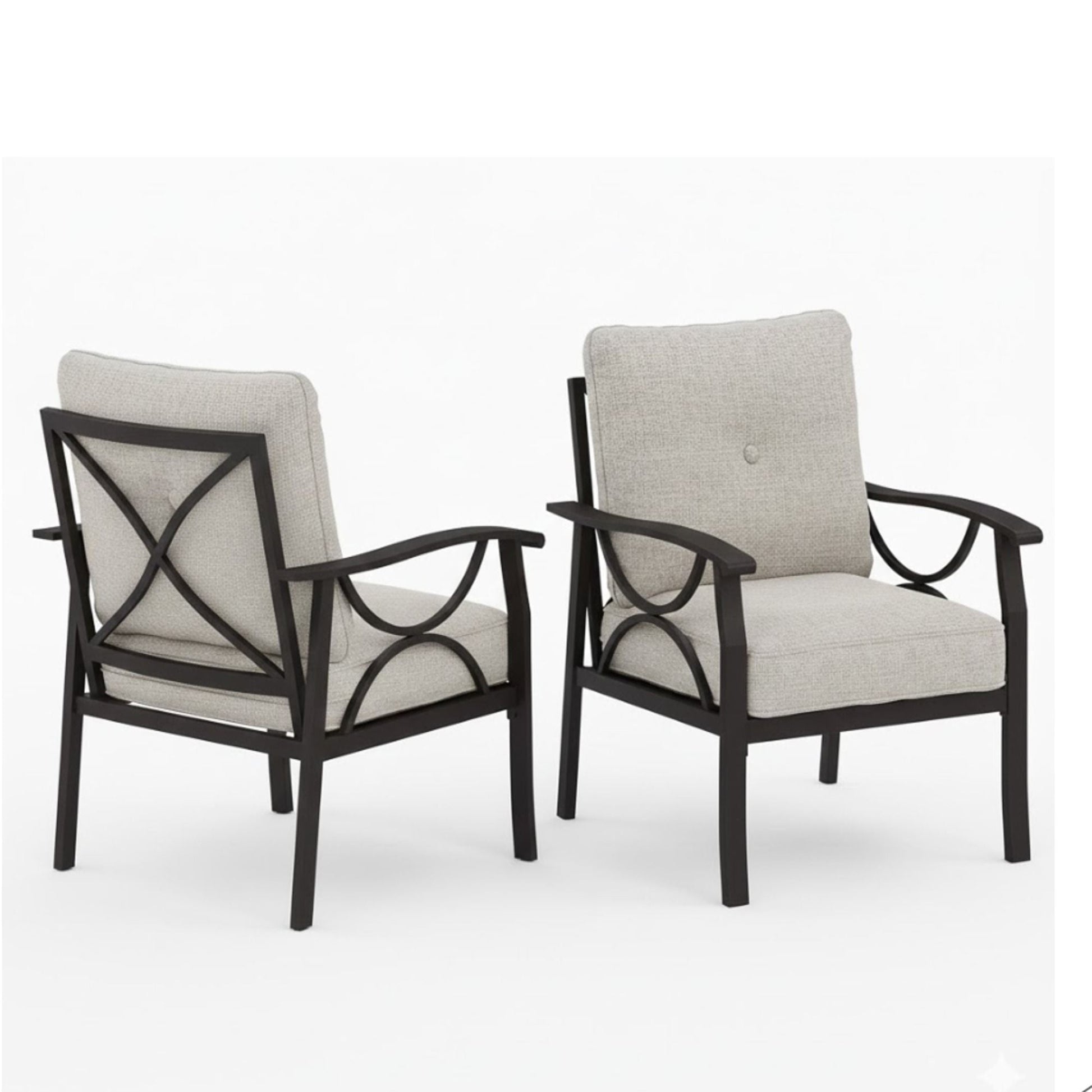 All-Weather Armchairs with Cushions, set of 2, black frames, beige cushions, sculptural design on Tampa Home & Garden Store