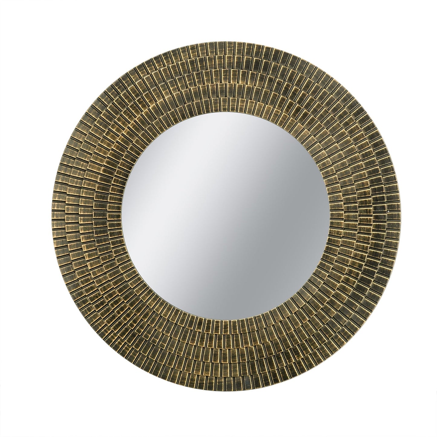 Round gold and black wooden accent mirror with a woven texture mosaic border 29.5-inch on Tampa Home & Garden Store