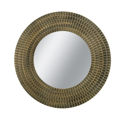 Round gold and black wooden accent mirror with a woven texture mosaic border 29.5-inch on Tampa Home & Garden Store