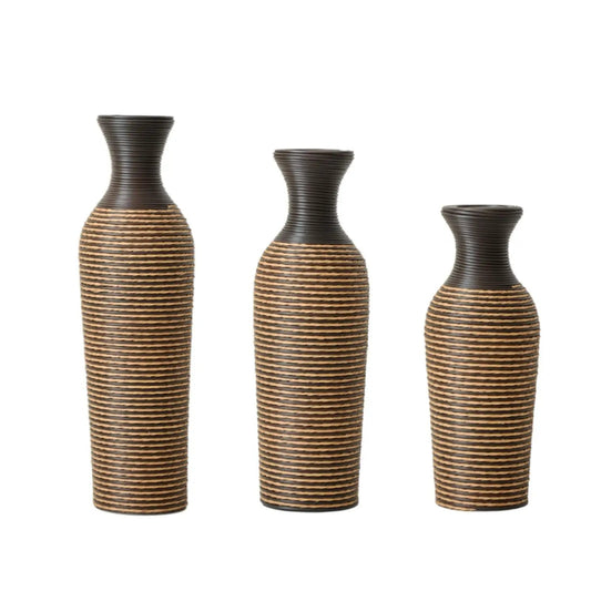 Floor vase set of 3 in dark brown woven rattan with tan stripes by Unique Piece Furniture on Tampa Home & Garden Store