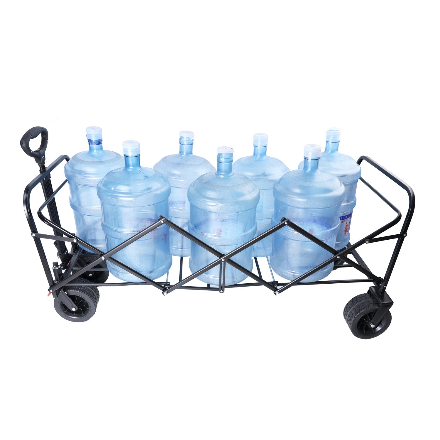HouseOfZazla outdoor folding wagon cart with extender, black frame carrying water jugs on Tampa Home & Garden Store