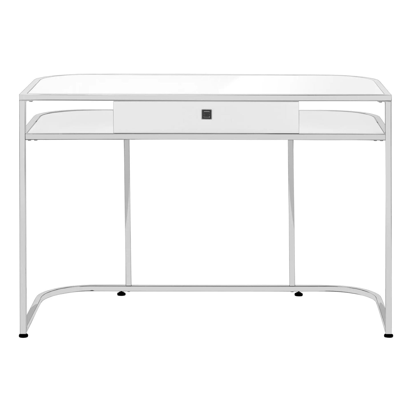 White computer desk with central drawer and curved shelves, modern writing desk on Tampa Home & Garden Store