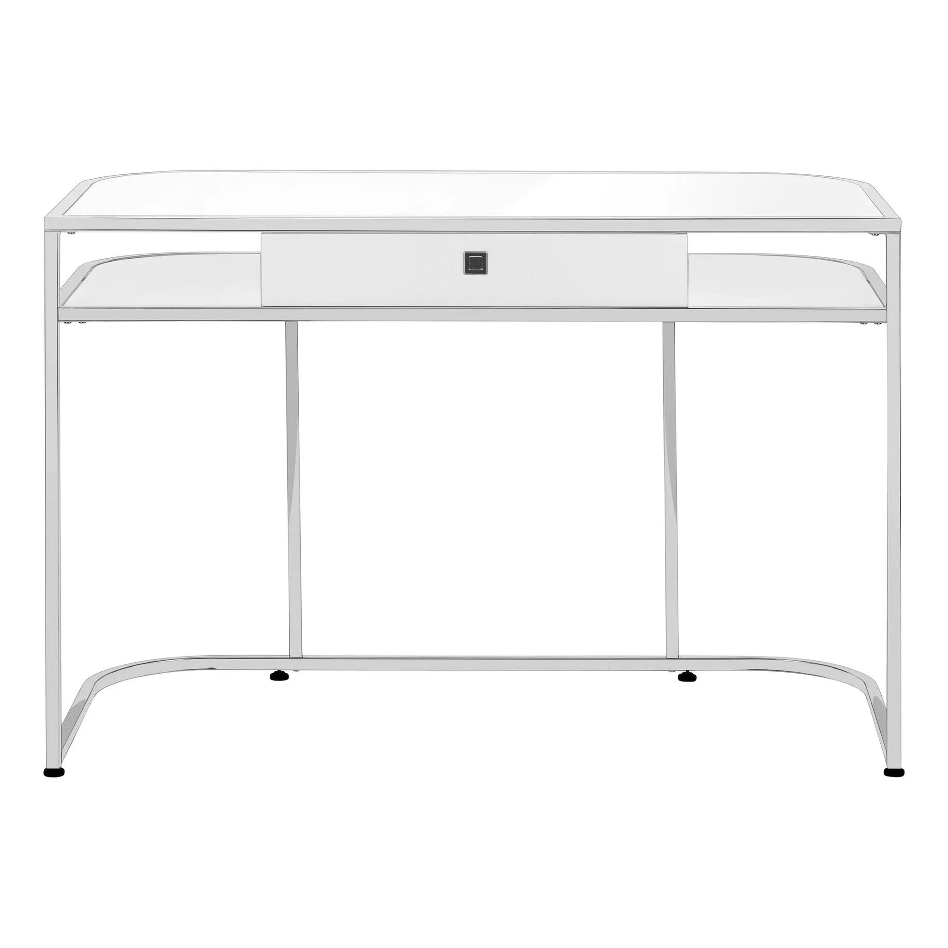 White computer desk with central drawer and curved shelves, modern writing desk on Tampa Home & Garden Store