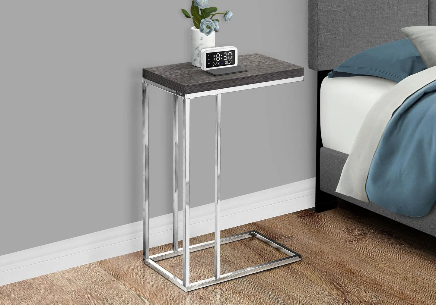 Accent table C-shaped with dark wood finish top and chrome frame on Tampa Home & Garden Store
