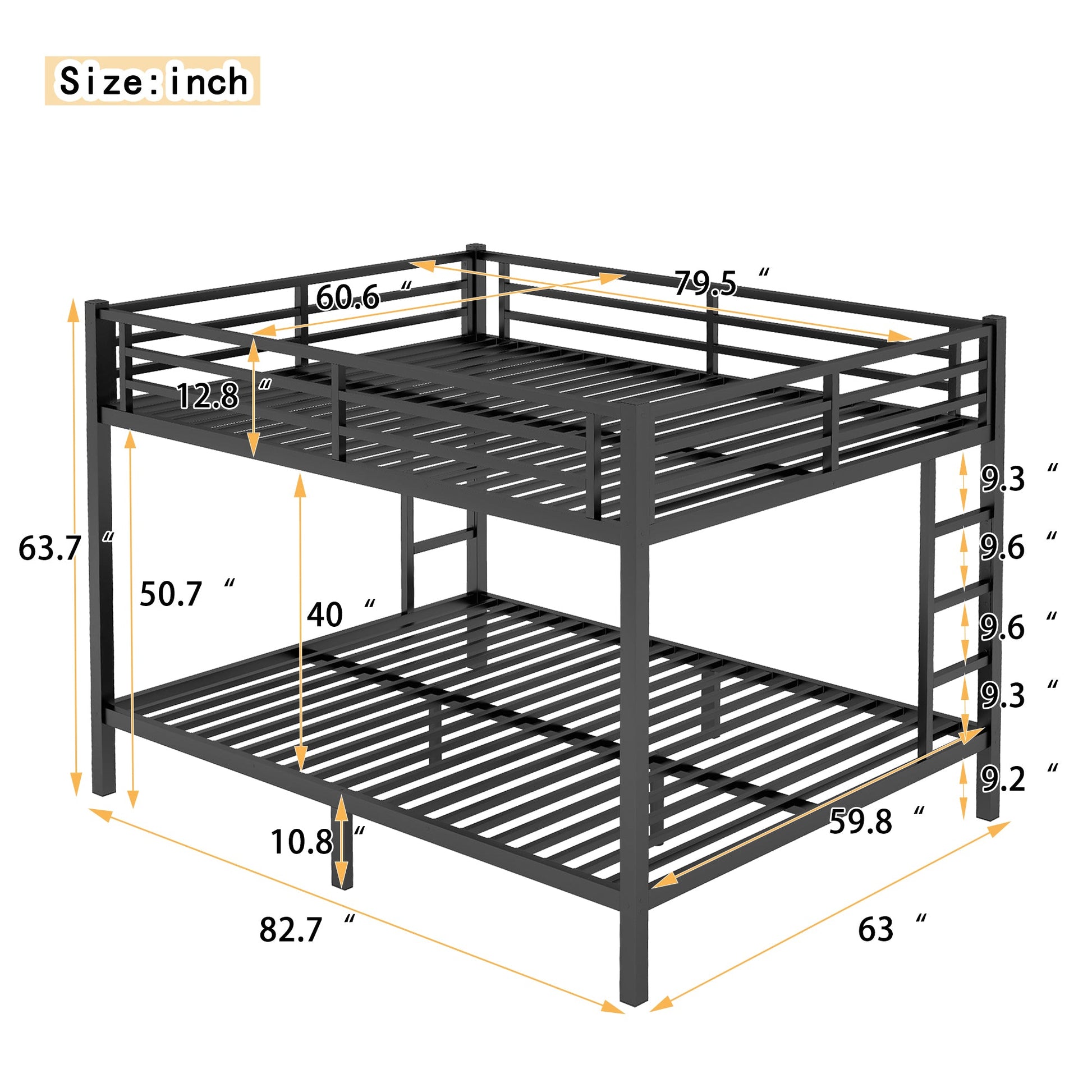 Metal Queen-Over-Queen bunk bed frame in black steel for teens and adults, HouseOfZazla on Tampa Home & Garden Store