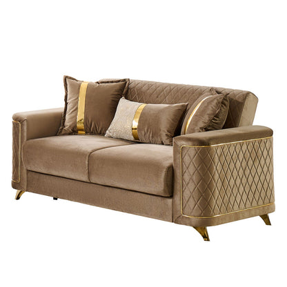 Upholstered living room sofa with gold-tone legs, beige fabric and diamond quilted panels on Tampa Home & Garden Store