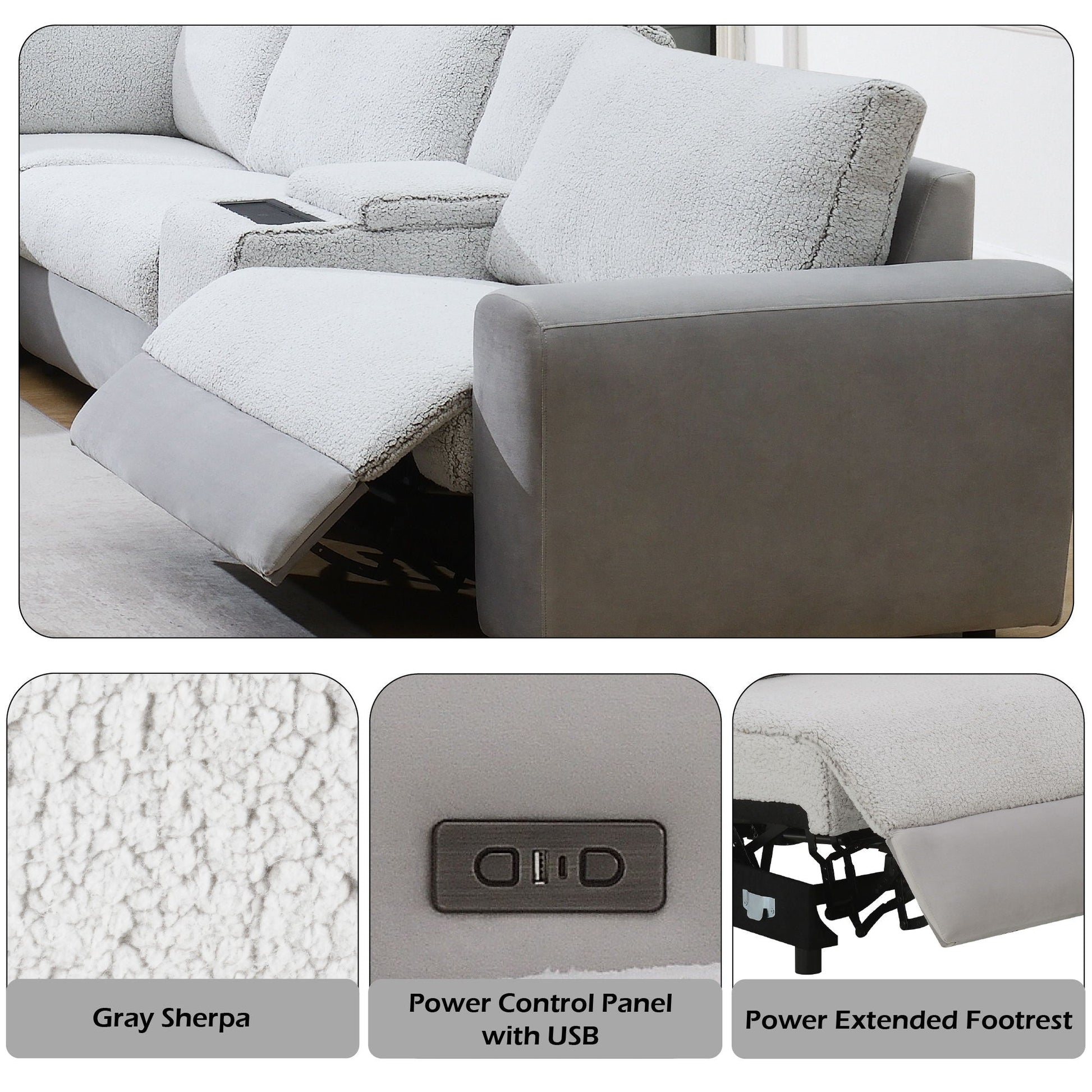 Tarrance power reclining sectional gray Sherpa fabric with USB control panel and footrest on Tampa Home & Garden Store