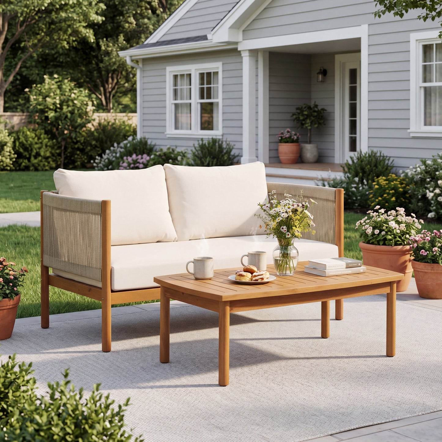 Outdoor Loveseat and Acacia Wood Coffee Table Set