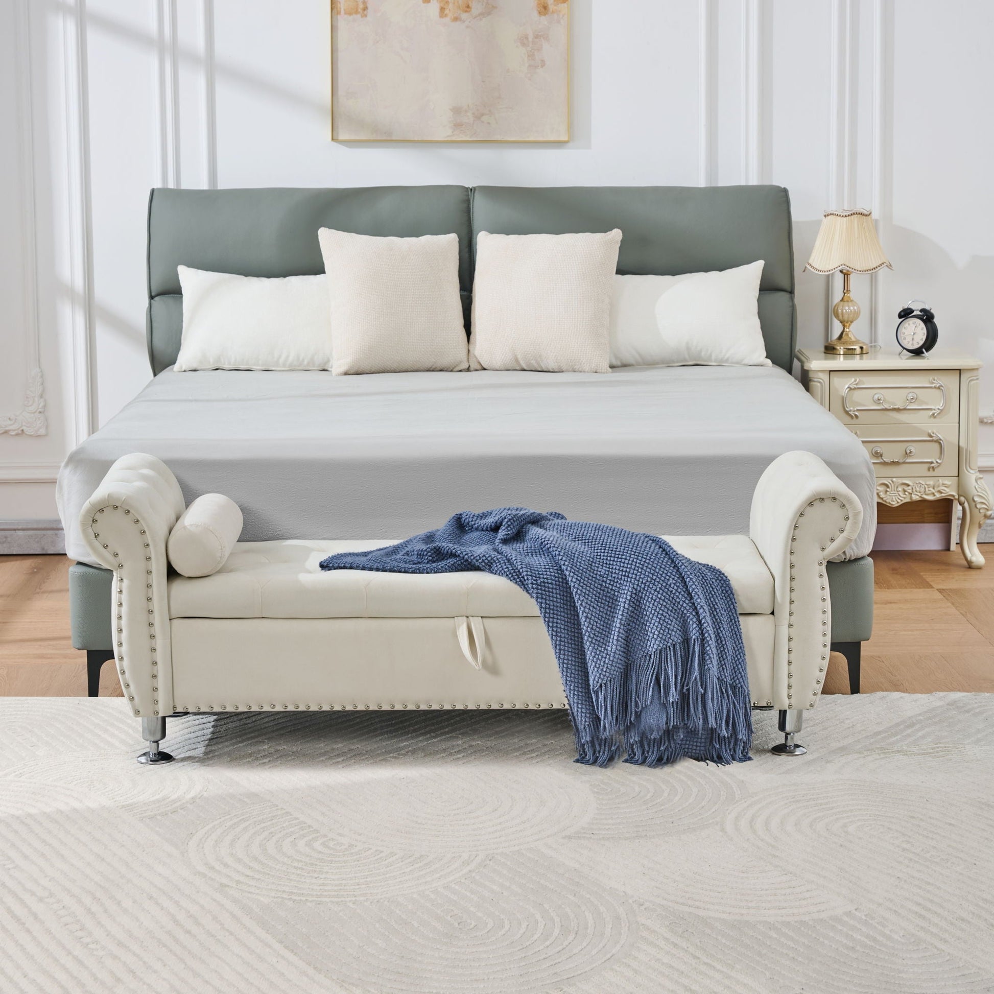 Storage bench with crystal buttons and 1 pillow by HouseOfZazla in a bedroom setting on Tampa Home & Garden Store