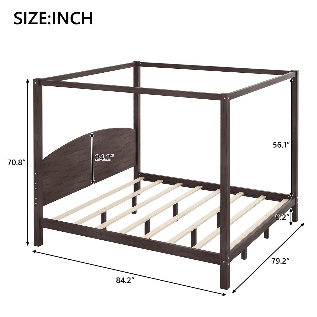 HouseOfZazla canopy bed frame with headboard, support legs, dark brown wood, slat base on Tampa Home & Garden Store