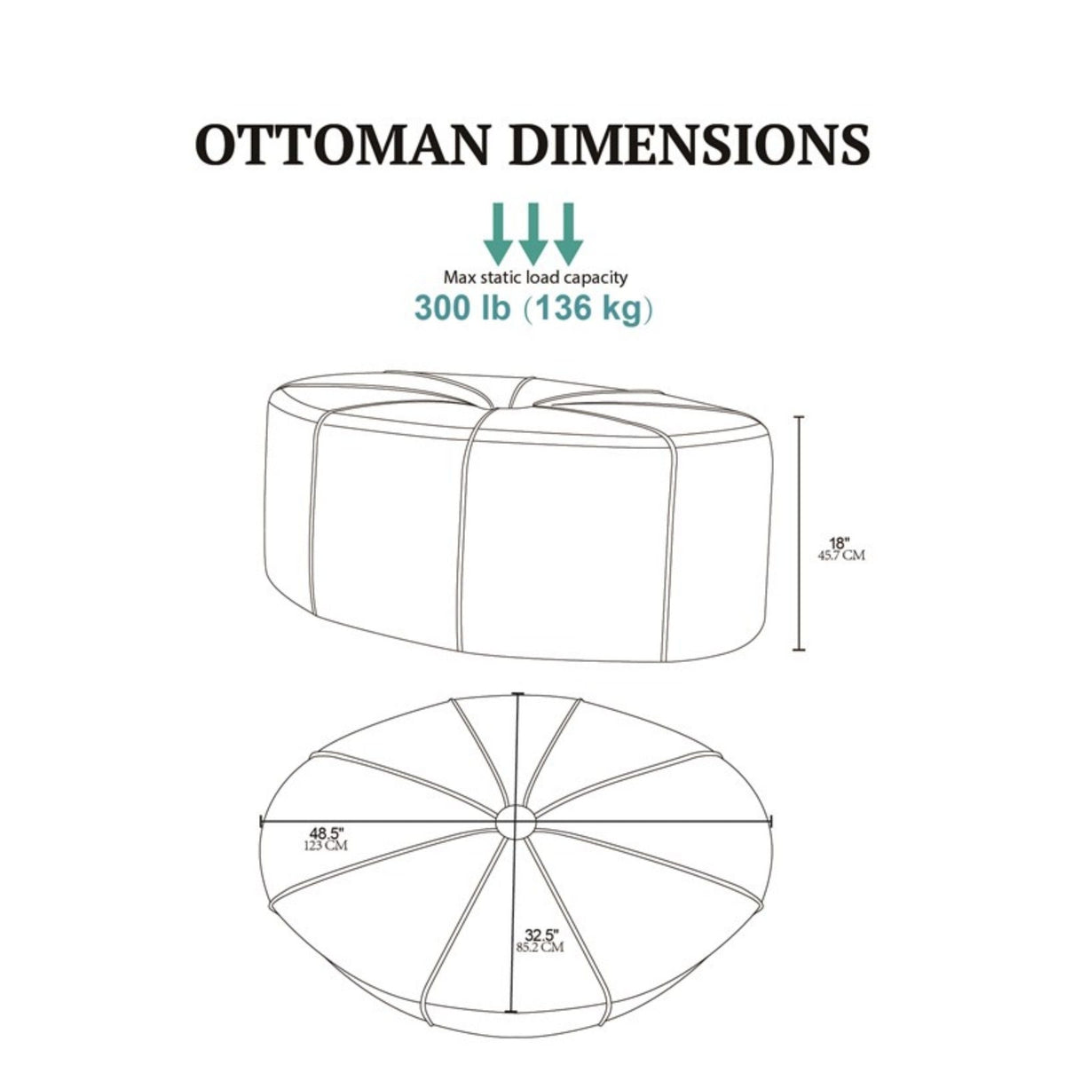 Large Cocktail Ottoman with Button Tufted Center line-drawing showing top view and dimensions on Tampa Home & Garden Store