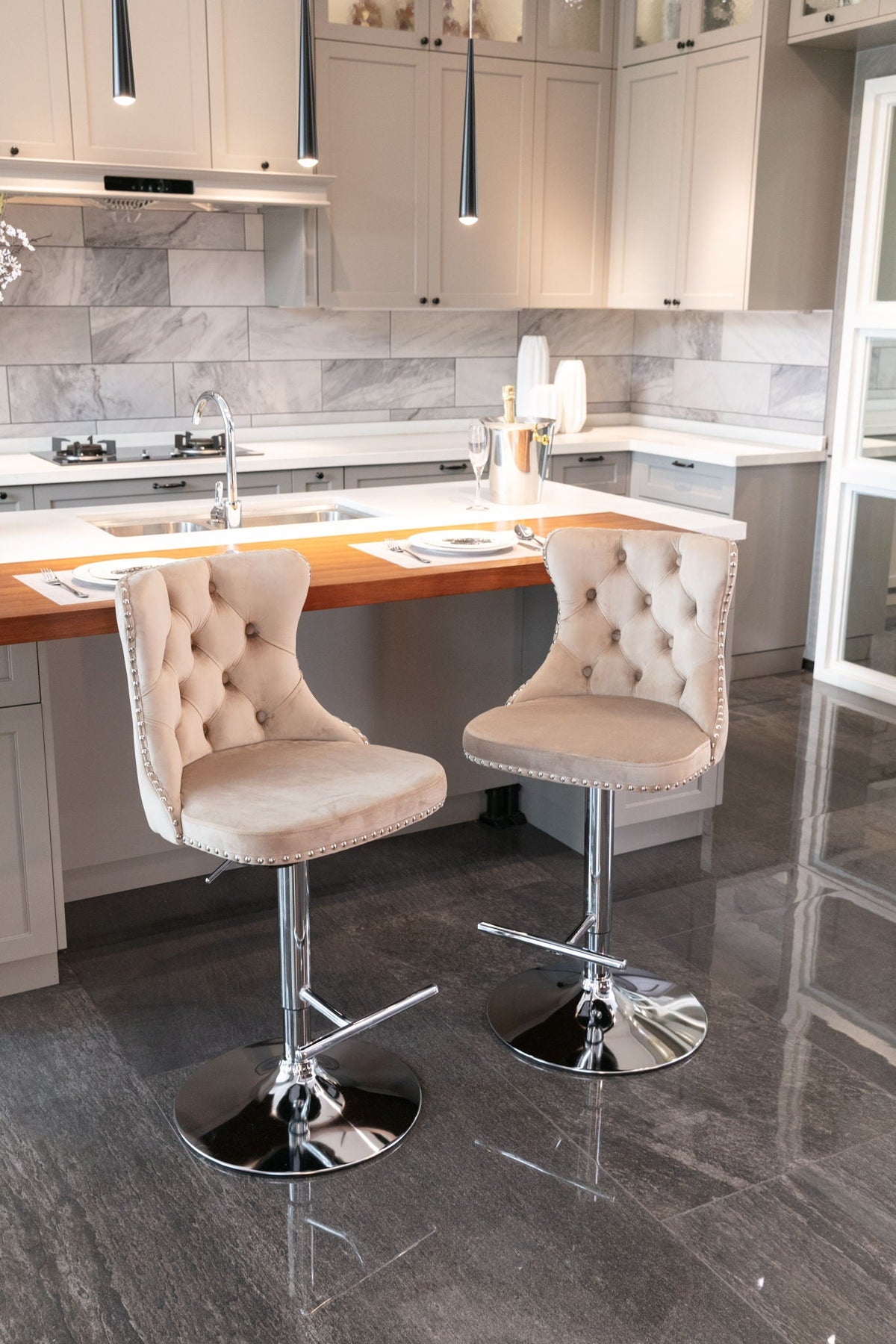 Swivel adjustable-height barstools set of 2 in beige tufted upholstery with chrome bases HouseOfZazla on Tampa Home & Garden Store