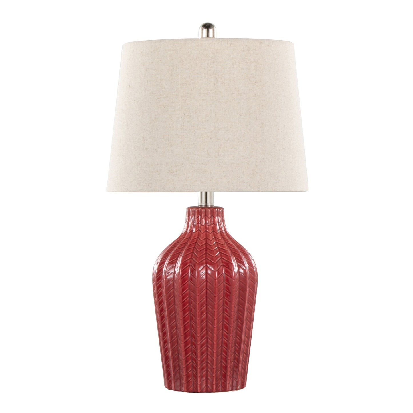 Rockwell contemporary table lamp set of 2, red ribbed ceramic base with beige fabric shade on Tampa Home & Garden Store