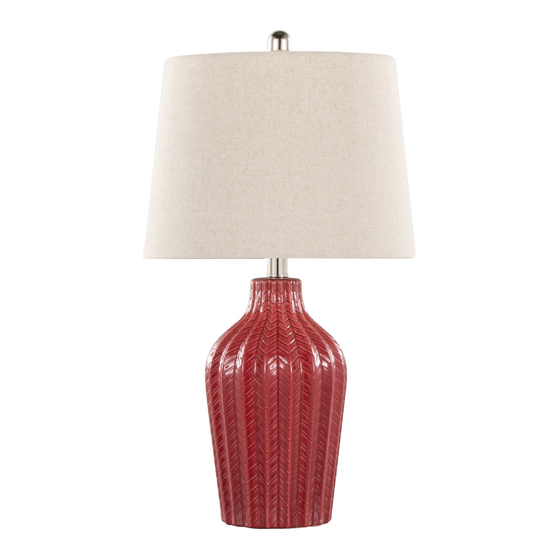 Rockwell contemporary table lamp set of 2, red ribbed ceramic base with beige fabric shade on Tampa Home & Garden Store