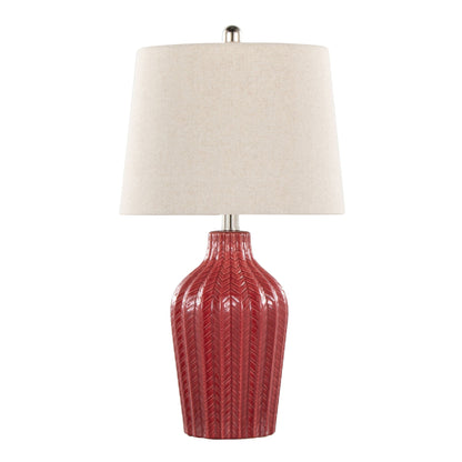Rockwell contemporary table lamp set of 2, red ribbed ceramic base with beige fabric shade on Tampa Home & Garden Store