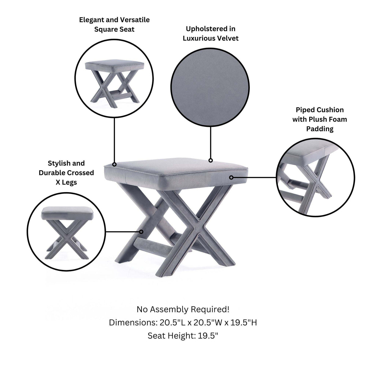 Accent bench with piped velvet cushion and solid wood X-legs in gray, HouseOfZazla on Tampa Home & Garden Store