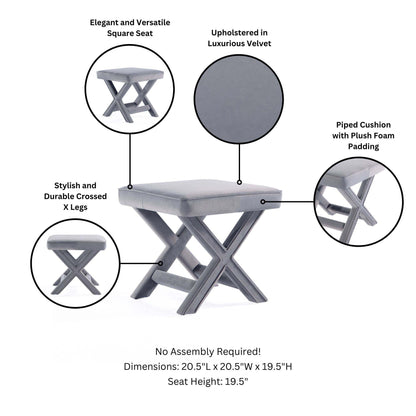 Accent bench with piped velvet cushion and solid wood X-legs in gray, HouseOfZazla on Tampa Home & Garden Store