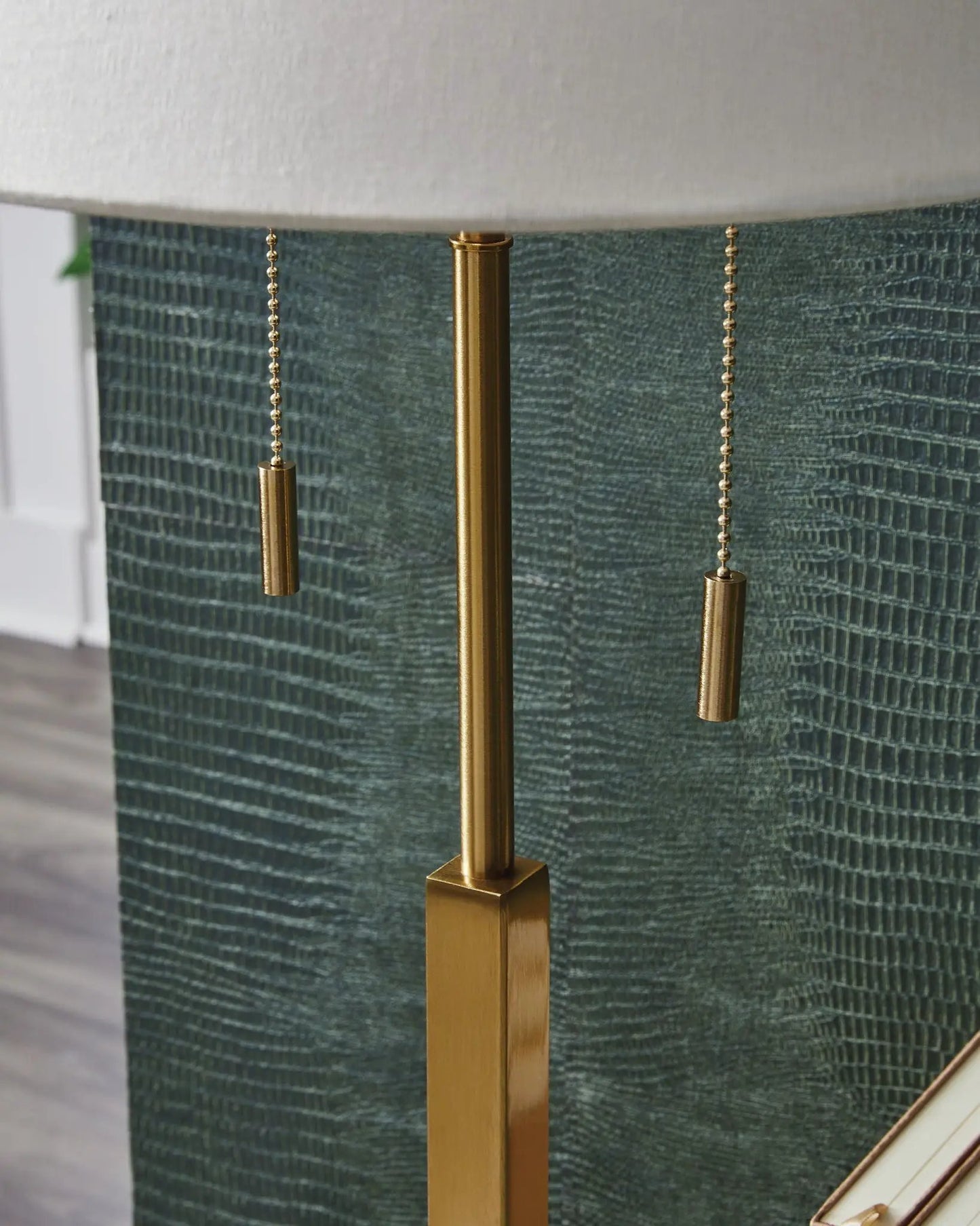 Haigwood metal floor lamp in brass finish with square base and dual pull chains cream shade on Tampa Home & Garden Store