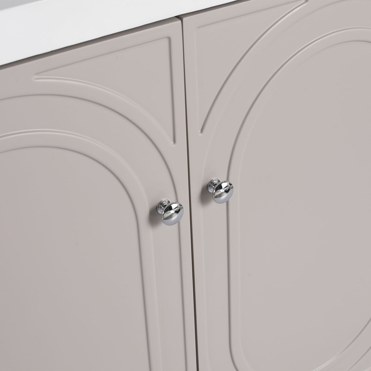 Beige freestanding vanity doors with raised curved panels and chrome knobs 2-door cabinet on Tampa Home & Garden Store