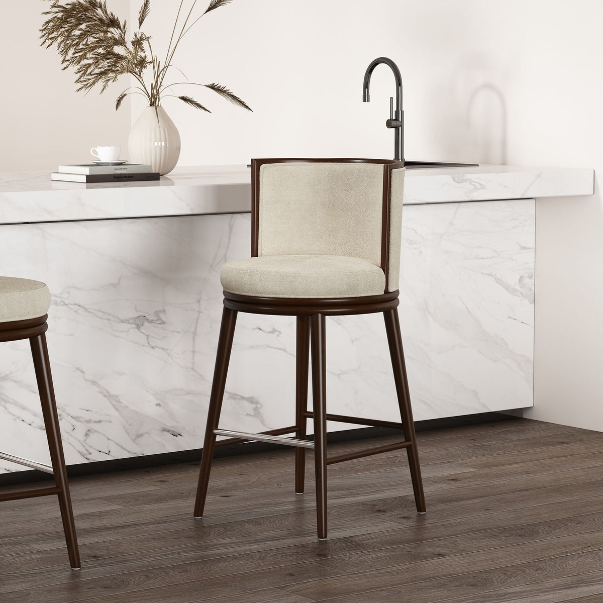 Evalyn Barstool by HouseOfZazla, upholstered seat with dark wood legs, bar-height 28-30 in on Tampa Home & Garden Store