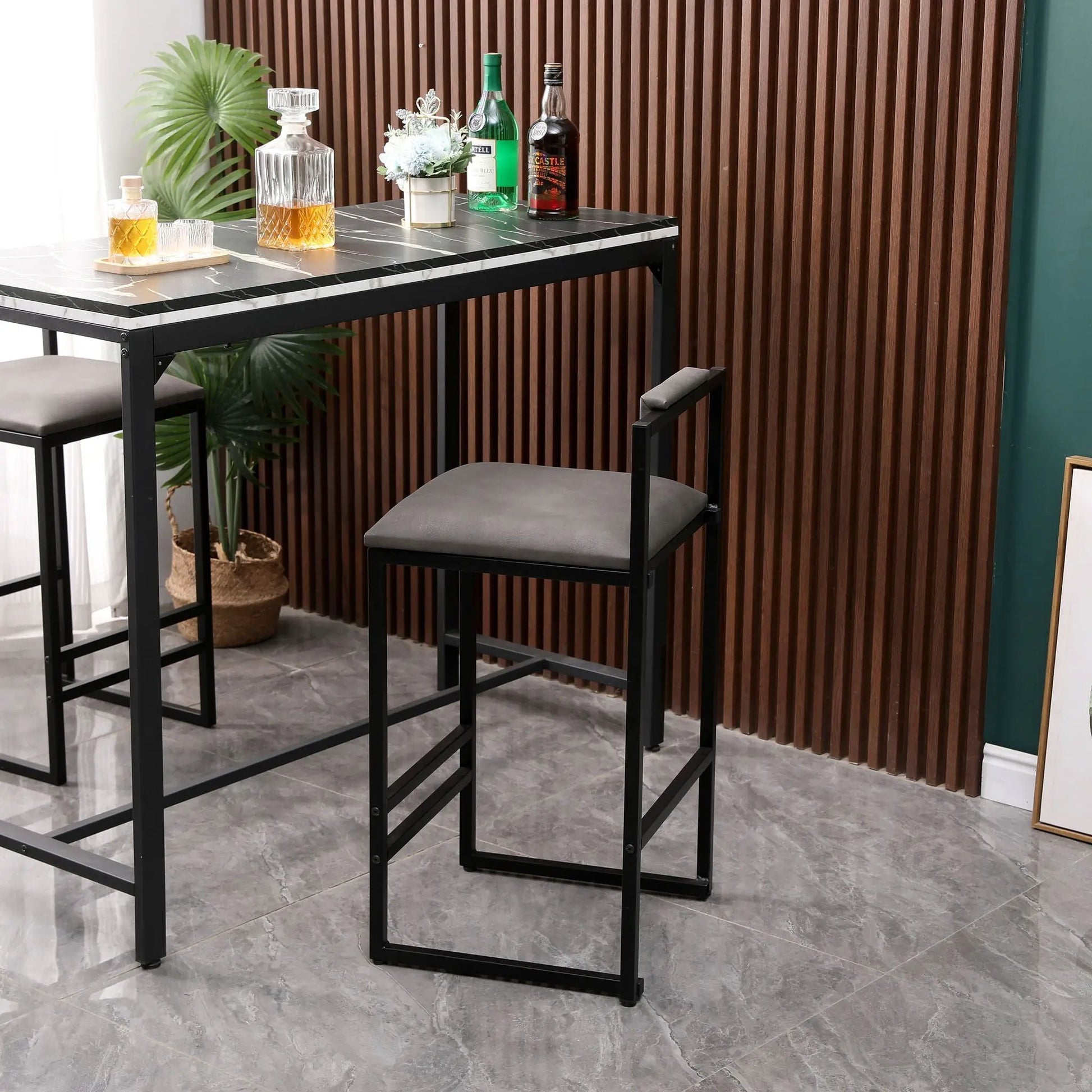 Counter-height bar stools with backrest and footrest, black metal frame, gray cushions, 2 stools on Tampa Home & Garden Store